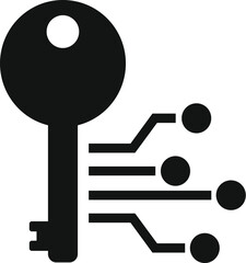 Poster - Simple black and white icon of a key connecting with a circuit board, representing digital security
