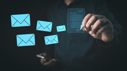 Poster - Businessman uses smartphone and pencil to write and send electronic mail with virtual interface technology, Online communication concept, Communication business technology, Message E-mail Inbox,email