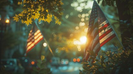 Wall Mural - American Flags Hanging on Trees in the City, Sunlight Shining Through Leaves, a Cinematic Shot of Traditional 4th of July Decor