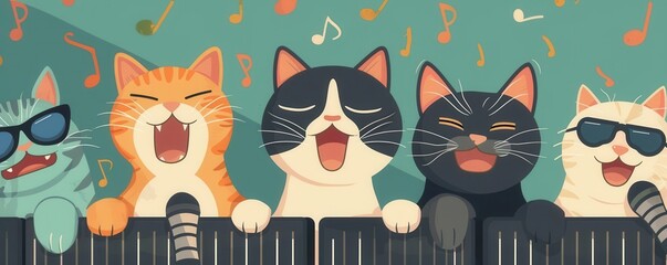 Naklejka na meble Cats in a music concert, International Cat Day live event, flat design illustration