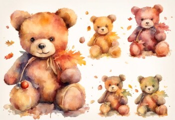 ai collection colorful nature watercolor olated bear background illustration teddy transparent cute cartoon set png autumn fall forest animal