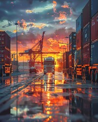 Wall Mural - A truck in a port terminal at sunset