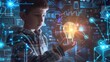 © MAGNIFIER - Kid with a light bulb in hand, surrounded by digital patterns and tech elements, representing innovative thinking