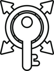 Poster - Line art illustration of a key inside a circle with arrows pointing in all directions, symbolizing access and solutions