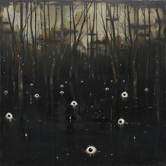 Poster - A painting of a forest with many eyes in the water