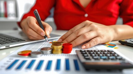 Person calculating financial data with coins, calculator, and laptop. Business and finance concept for budgeting, accounting, and investments.