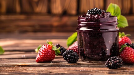 Wall Mural - Sweet and healthy blackberry and strawberry jam in a glass jar on a wooden kitchen table. A nutritious vegan dessert. Homemade organic marmalade.