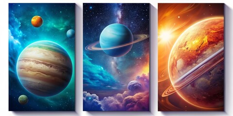 cosmic triptych three planets, rings, and nebulae, space, planets, galaxy, astronomy