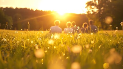 Group of people sitting in a meadow during sunset, enjoying nature and sunlight. Peaceful outdoor scene with warm, golden light.