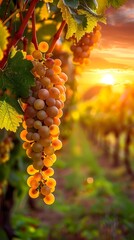 Canvas Print - Picturesque Vineyard with Ripe Grapes and Glowing Sunset Over Lush Countryside Landscape