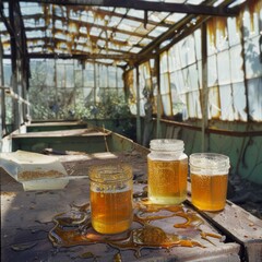 Sticker - Three mason jars of honey are on a table in a room with a lot of rust and debris