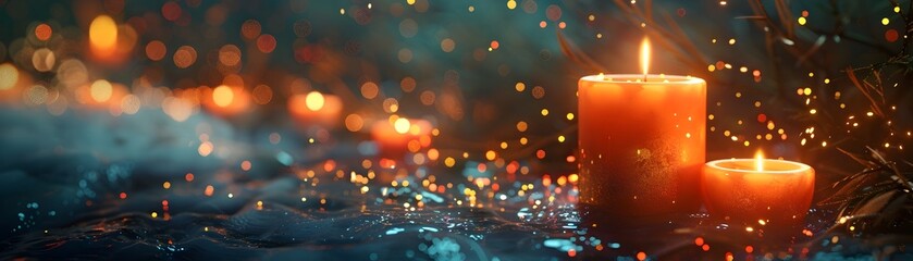 Poster - Magical Floating Candle Scene Soft Glowing Lights in Misty Fantasy Atmosphere