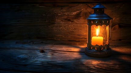 Poster - Vintage Candle Lantern Casting Warm Light on Wooden Table Against Dark Background