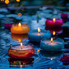 Canvas Print - Colorful Floating Candles Reflecting in Serene Pond at Night