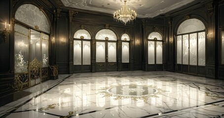 interior entrance door of gothic house palace castle ballroom mansion lobby. white and black art deco art nuevo dark black style with filigree ornamental floral embellishments.. 