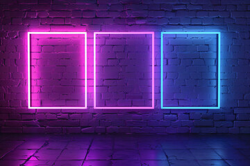 Poster - empty neon frames on dark brick wall background, purple and blue glowing light