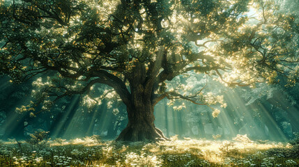 Poster - Wisdom: Old oak tree in the sunlight