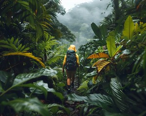 Canvas Print - Hiker Navigating Through Lush Rainforest Trail with Vibrant Greenery and Foliage