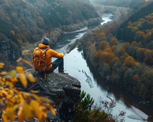 Canvas Print - Scenic Overlook with Hiker Resting on Rock Soaking in Winding River View below