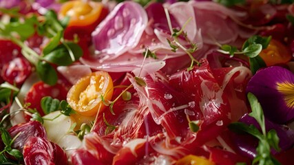 Poster - A vibrant mix of pickled vegetables and cured meats including elk salami and foraged ramps and watercress.