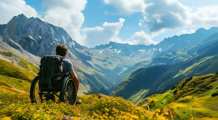 Poster - A person in a wheelchair admiring a stunning mountain landscape from a grassy hilltop