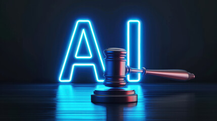 Digital gavel with AI inscription representing artificial intelligence in the legal sector, futuristic blue background, technology impact.