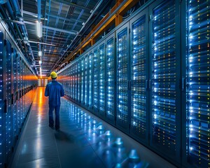 Aufkleber - high tech data center with rows of servers cooling systems and technicians monitoring the infrastruc