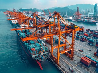 Poster - bustling global trade hub with container ships and cranes at busy seaport