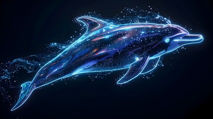 Wall Mural - Neon Dolphin Jumping Out of Water Against Black Background