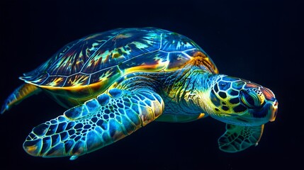 Wall Mural - Neon Sea Turtle Swimming in Glowing Patterns Against Dark Background