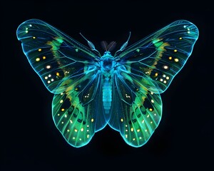 Sticker - Neon Insect Wing Isolated on Black Background with Glowing Patterns