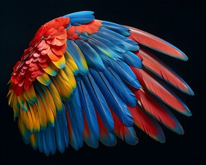 Wall Mural - Vibrant Neon Macaw Wing Spread Against Dark Background