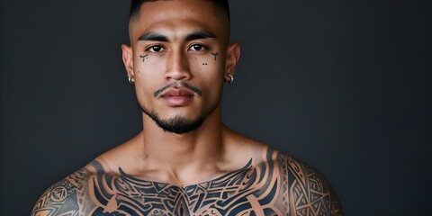 Young Samoan man with tattoos on chest and arms exudes strength. Concept Portrait Photography, Cultural Identity, Body Art, Strength, Samoan Heritage