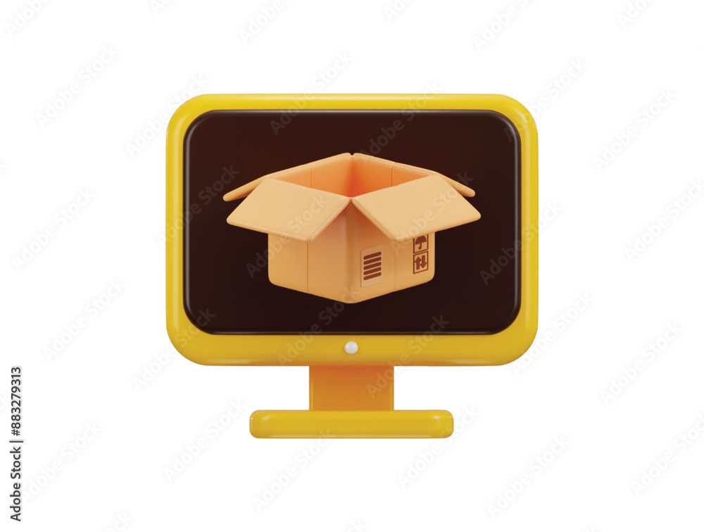 Computer monitor screen and open cardboard box icon 3d render vector ...