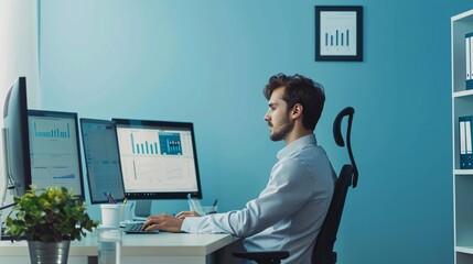 Wall Mural - a young actuary sits at a desk in a modern office, deeply engrossed in analyzing data on multiple co
