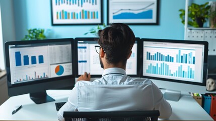 Wall Mural - a young actuary sits at a desk in a modern office, deeply engrossed in analyzing data on multiple co