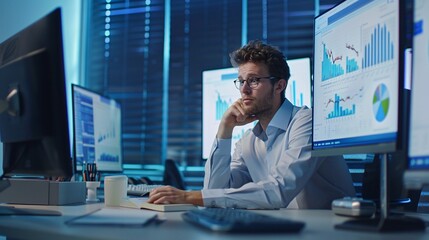 Wall Mural - a young actuary sits at a desk in a modern office, deeply engrossed in analyzing data on multiple co