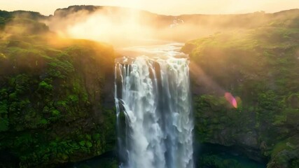 Wall Mural - Waterfall cascading down green cliffs at sunrise with mist in the air.