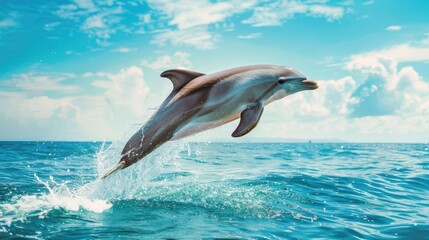 Wall Mural - Dolphins jumping out of the water with blue sky. Cute animal. Mammal 