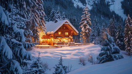  Cozy log cabin in snow, winter landscape, with copy space, 