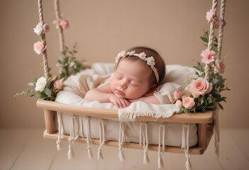 Baby on a swing with  pink flowers