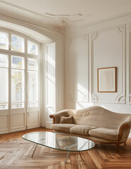 Wall Mural - Elegant living room with ornate molding and large window.