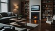 © Adam - A cozy living room featuring a lit fireplace, built-in bookshelves filled with books, a comfortable sofa, and a coffee table, creating a warm and inviting atmosphere.