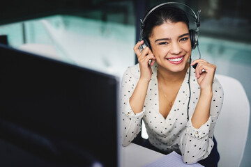 Poster - Night, portrait and woman with headset in call center for customer service, advisory and help to client. Happy, agent and smile with mic by computer for IT support, telecom and system troubleshooting