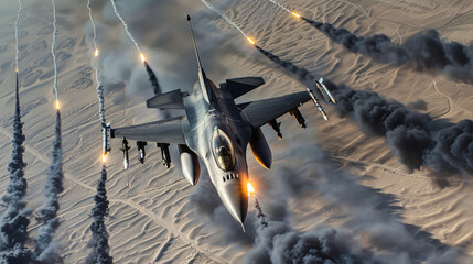 A fighter jet flies through the desert sky, leaving behind a trail of smoke and fire from its powerful weapons