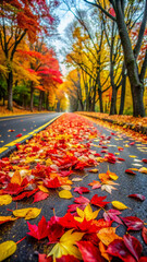 Canvas Print - Autumn Foliage on Road Covered in Vibrant Red, Yellow and Orange Leaves during Fall Season - A beautiful autumn scene showcasing a road covered with vibrant red, yellow, and orange leaves, lined with 