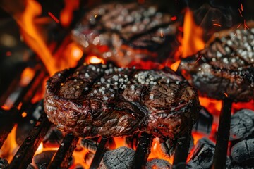 Wall Mural - sizzling steaks on a rustic charcoal grill enveloped by aromatic smoke tendrils with flames licking the perfectly marbled meat against a backdrop of glowing embers