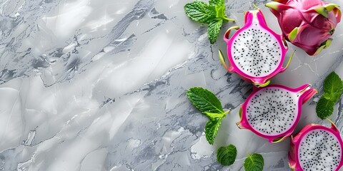 Wall Mural - Top view of sliced dragon fruit on marble table trendy flat lay. Concept Food Photography, Flat Lay, Tropical Fruit, Marble Table, Top View