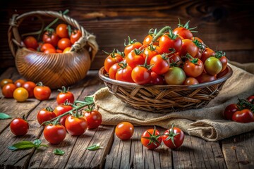 Wall Mural - Freshly Picked Tomatoes in Wicker Baskets on Rustic Wooden Table - Freshly picked tomatoes in wicker baskets displayed on a rustic wooden table, showcasing a harvest of vibrant, healthy, and organic v