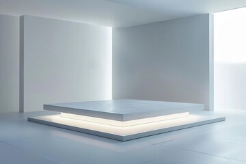 sleek minimalist floating platform with crisp white edges suspended in a void of soft ambient light creating an elegant and futuristic product display space